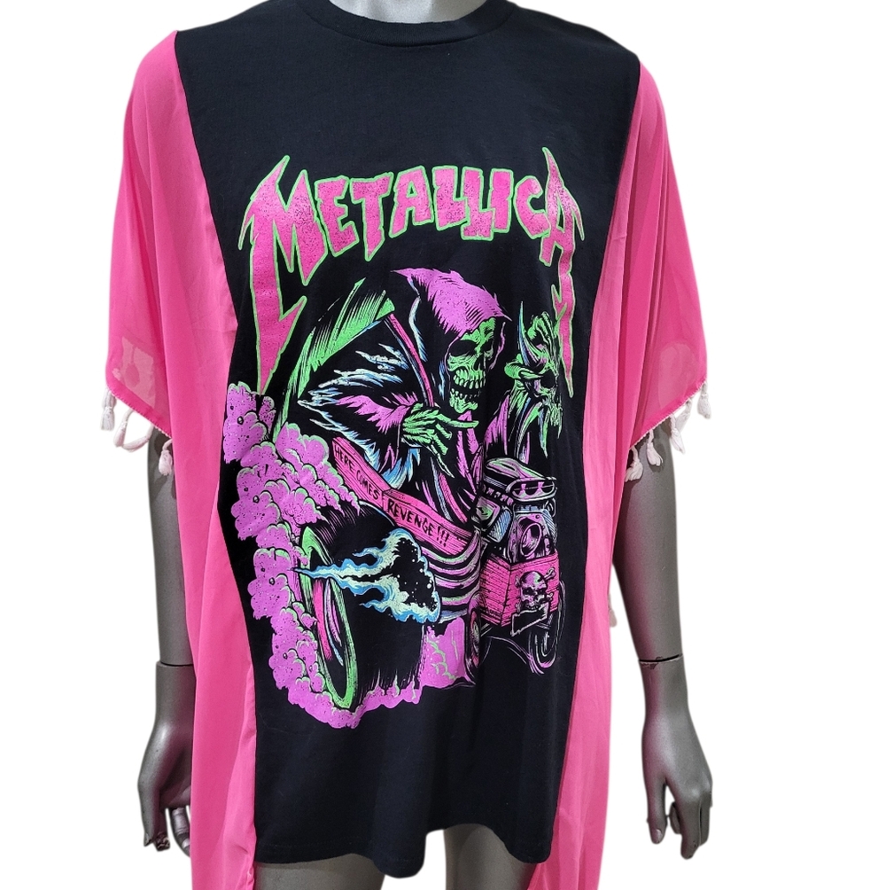 273B. Metallica Graphic Pink and Black Women's Upcycled Top